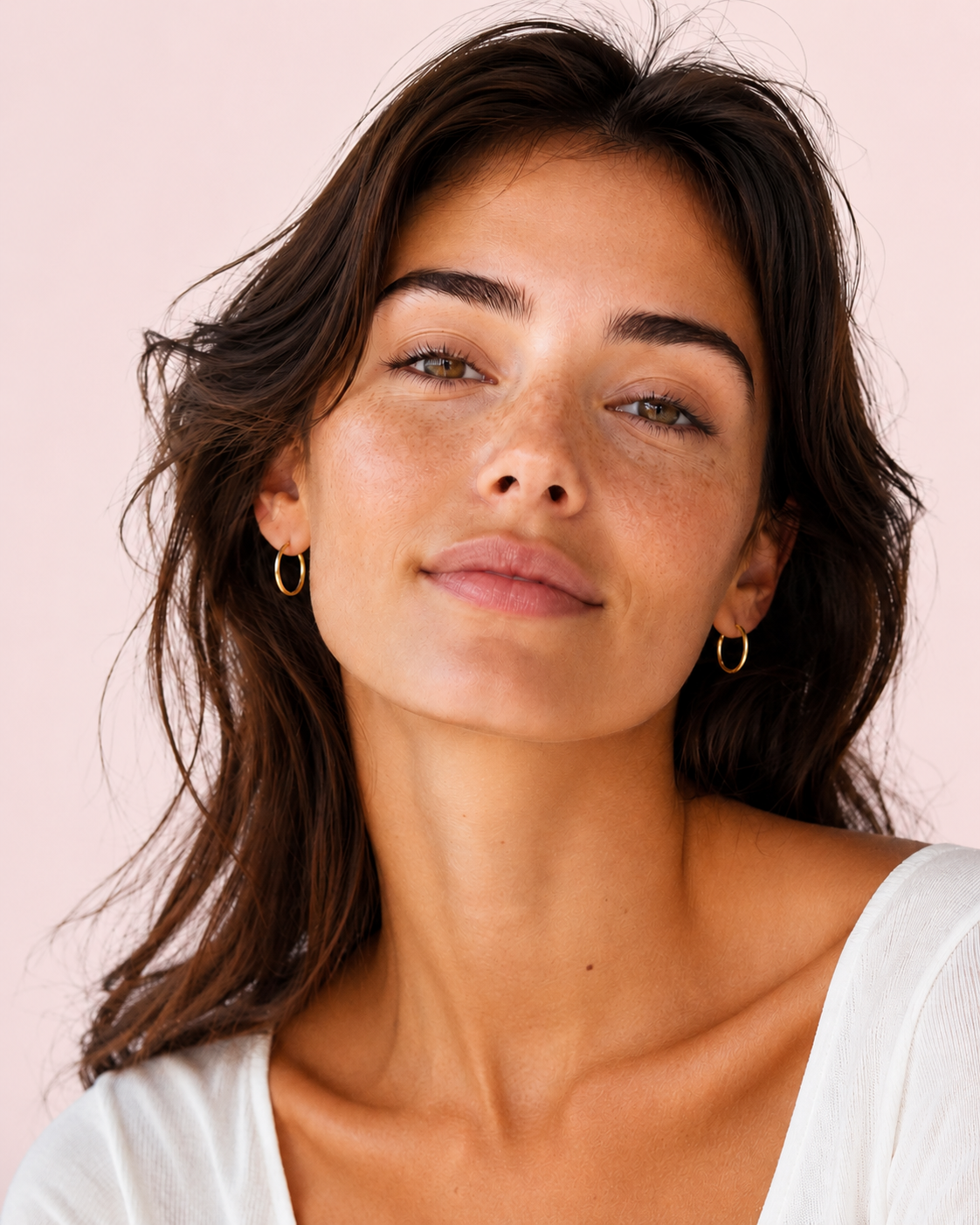 Classic gold hoop earrings worn by a model.
