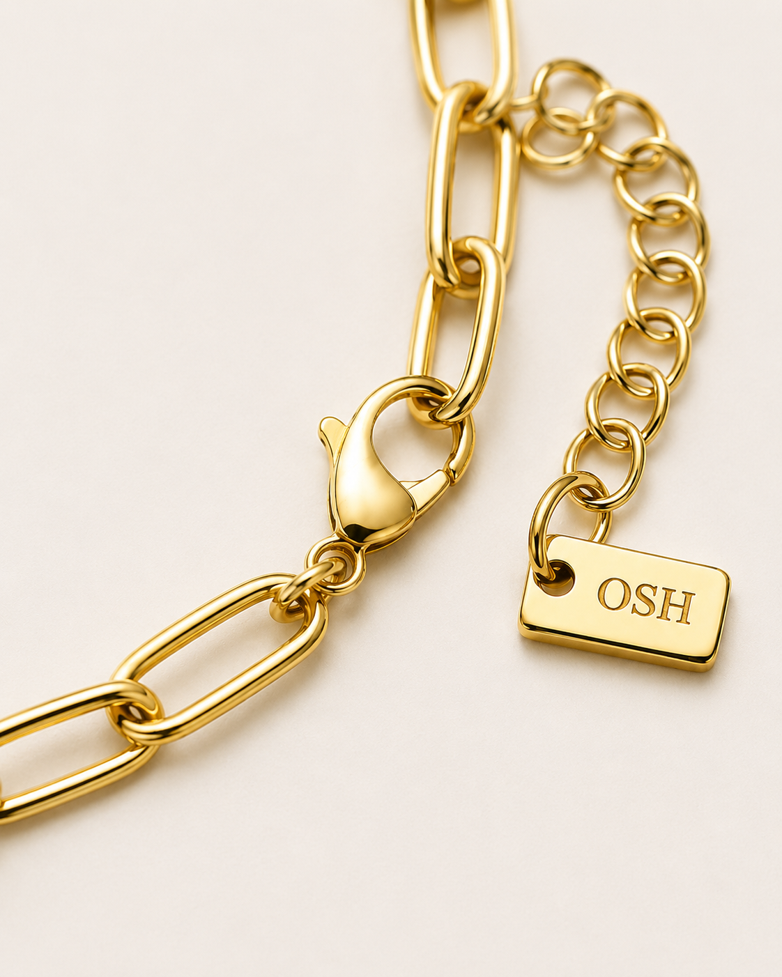 Soft Link Bracelet clasp and OSH tag close-up.