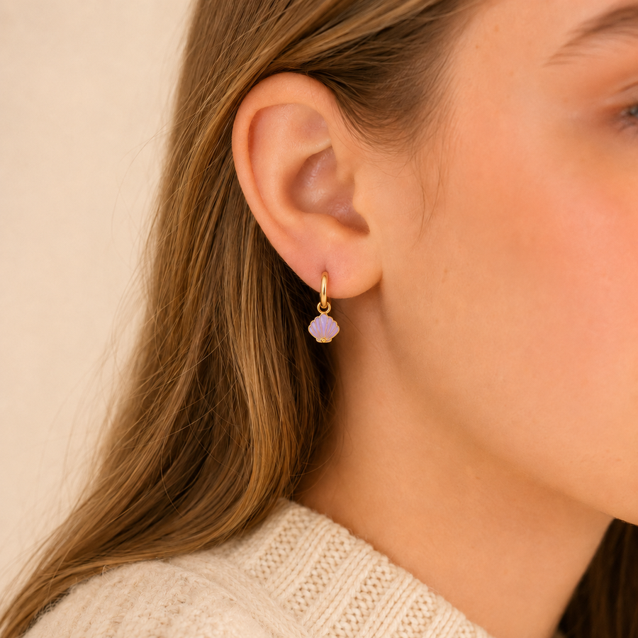 Lavender Shell Charm Hoops