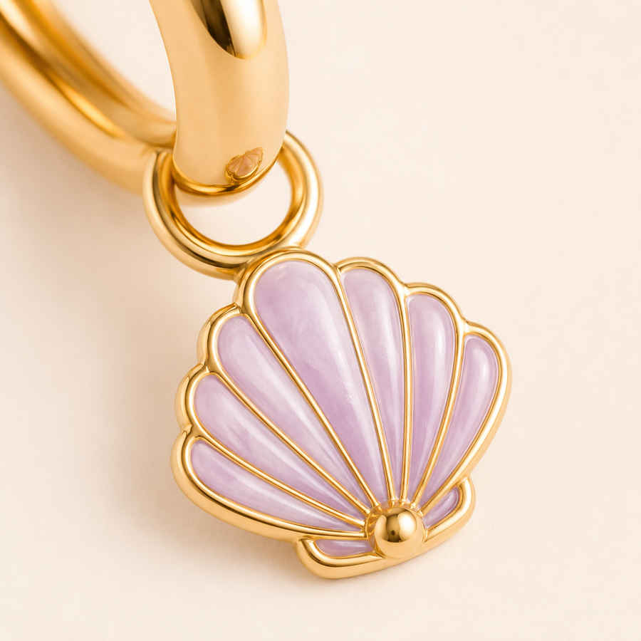 Lavender Shell Charm Hoops